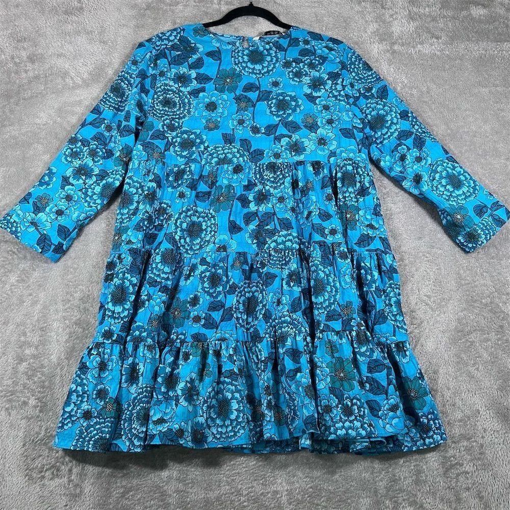Zara Women's Blue Floral 3/4 Sleeve Mini Dress Size Large Ruffle Casual‎ Farm
